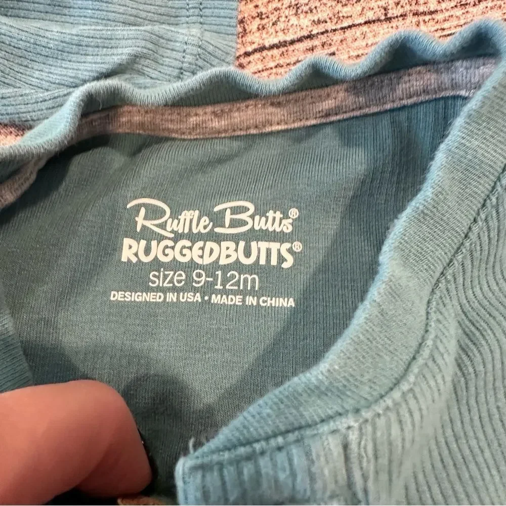 Lot of 2 Ruffle Butts/Rugged Butts Teal Ribbed Onesies; 1 Henley, 1 Ruffled 6-12